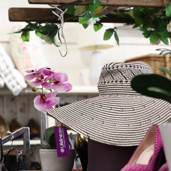 Display shelf with a wide-brimmed hat, pink orchid, and pink polka-dot shoes in a thrift store.
